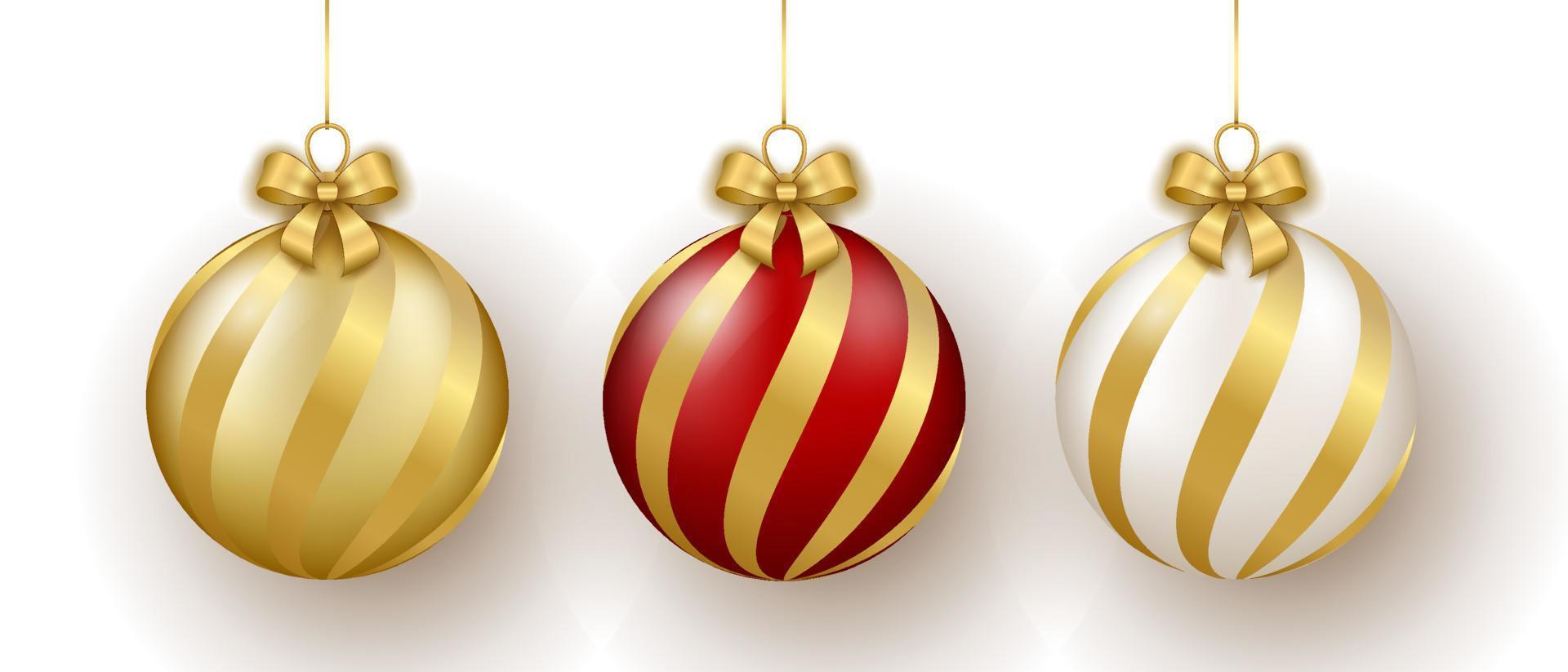 Natale e nuovo anno arredamento. impostato di oro, bianca e rosso bicchiere ornamento palle su nastro con arco. vettore