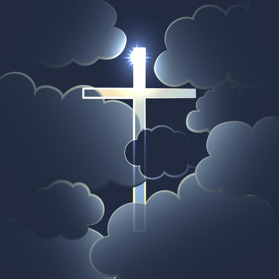 religioso illustrazione su il tema di salvezza. il silhouette di un' splendente attraversare contro il buio cielo e nuvole vettore