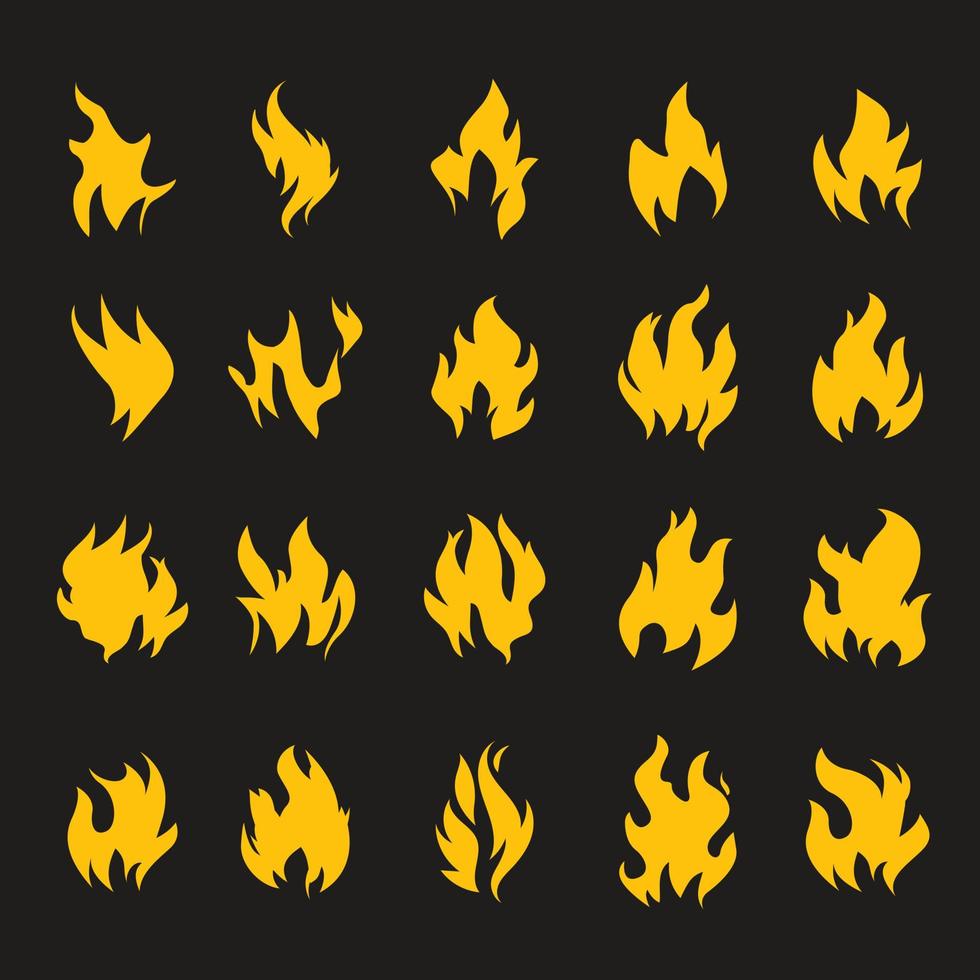 impostato di fuoco e fiamma icone su nero sfondo. vettore illustrazione e grafico schema elementi.