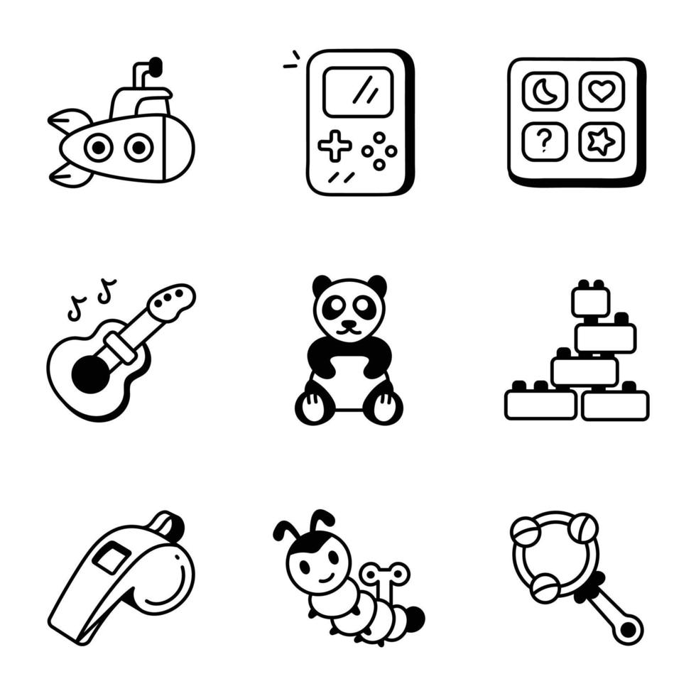 un' di moda mano disegnato icone impostato di bambini giocattoli vettore