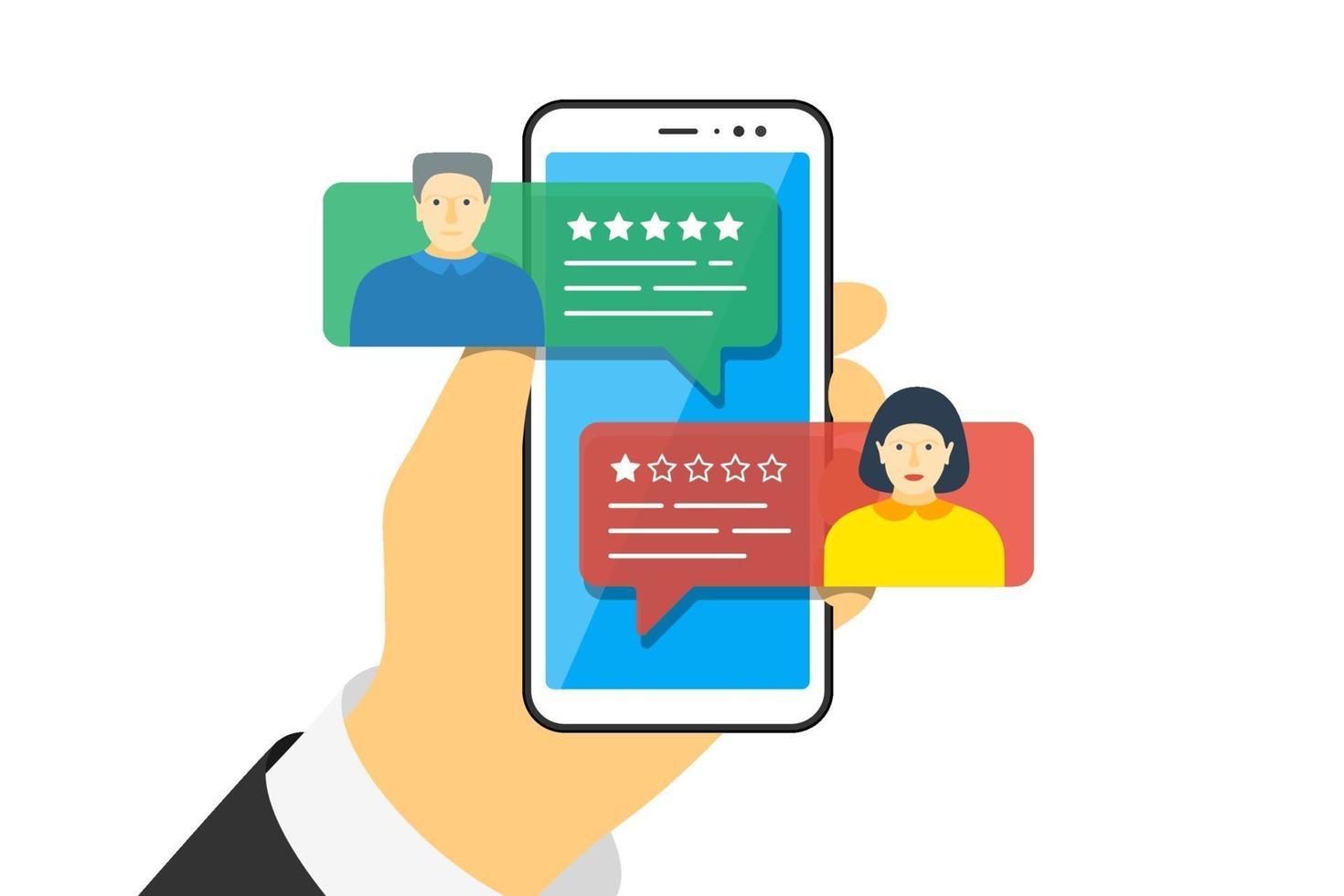 mano che tiene smartphone con discorsi bolla app feedback e avatar sullo schermo. rivedere una valutazione di cinque stelle con un tasso buono e cattivo. illustrazione vettoriale di qualità