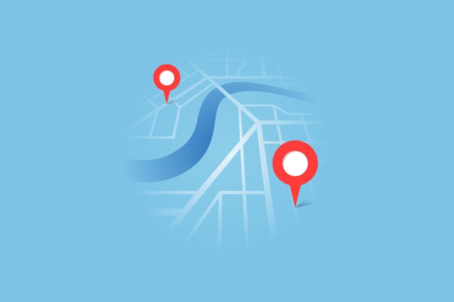 piano della mappa stradale della città con gps del fiume posizionare i perni e il percorso di navigazione tra i marcatori di punti. vettore colore blu vista prospettica isometrica illustrazione eps schema di posizione