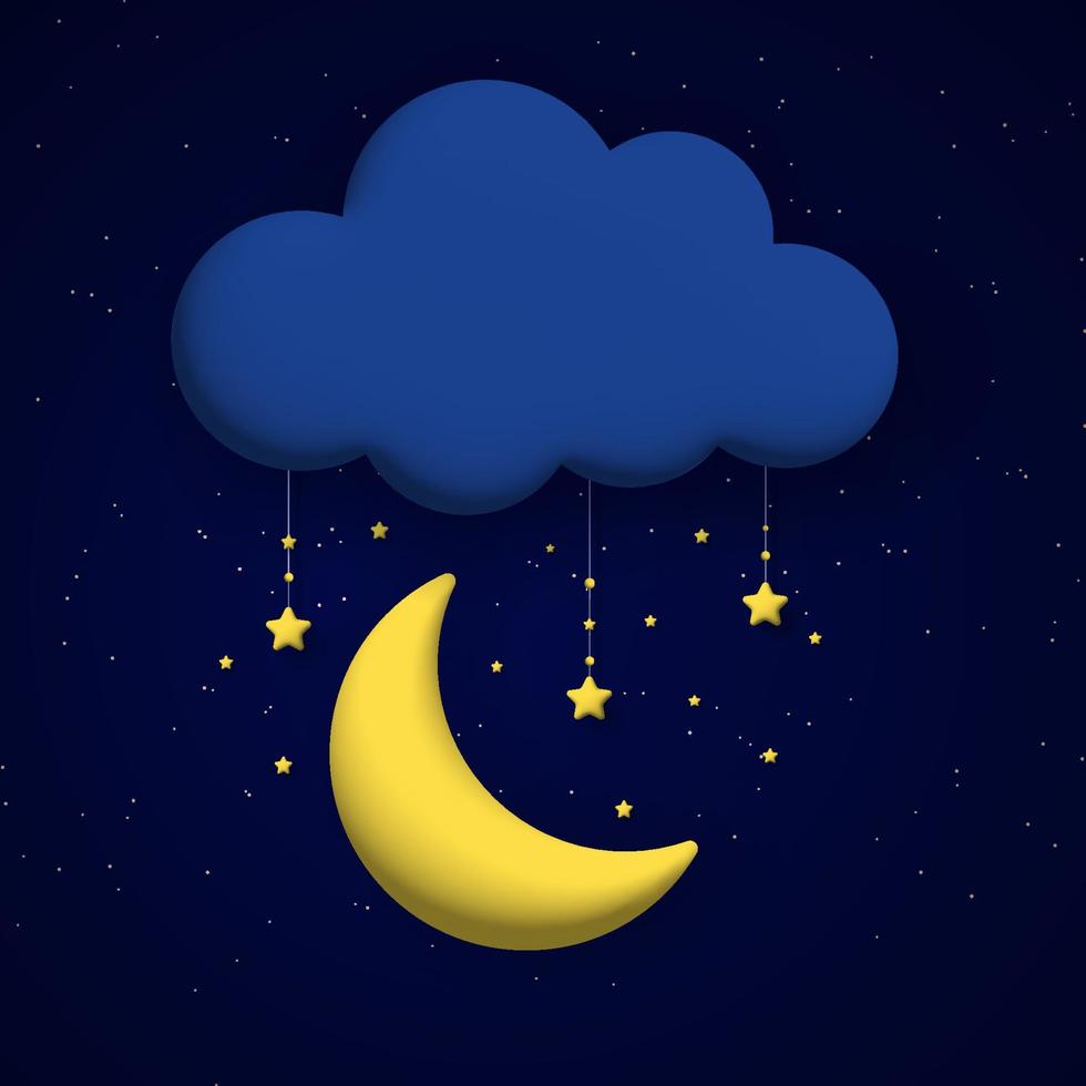 carino 3d nube, Luna e stelle su notte cielo sfondo. piazza composizione. vettore