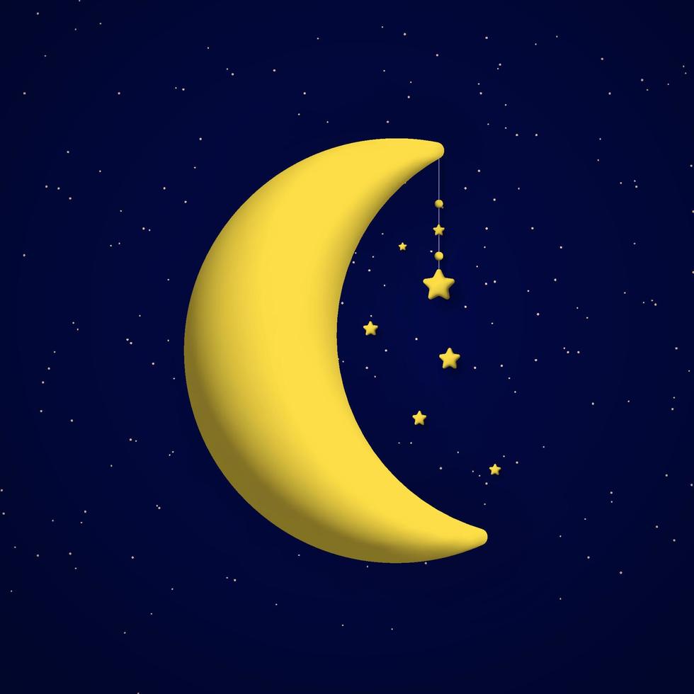 carino notte cielo sfondo con 3d Luna e stelle ghirlanda. piazza composizione. vettore