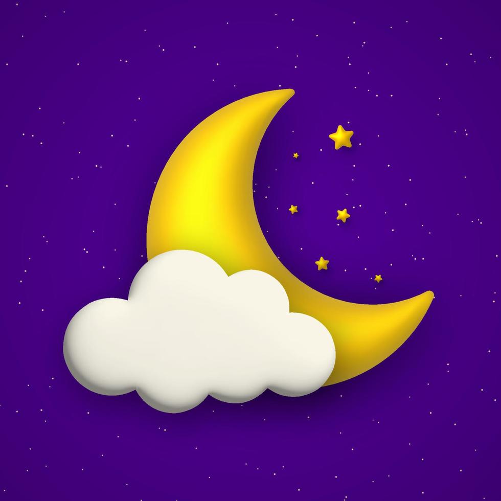 carino notte sfondo con blu cielo, nube, stelle e d'oro Luna. vettore illustrazione.