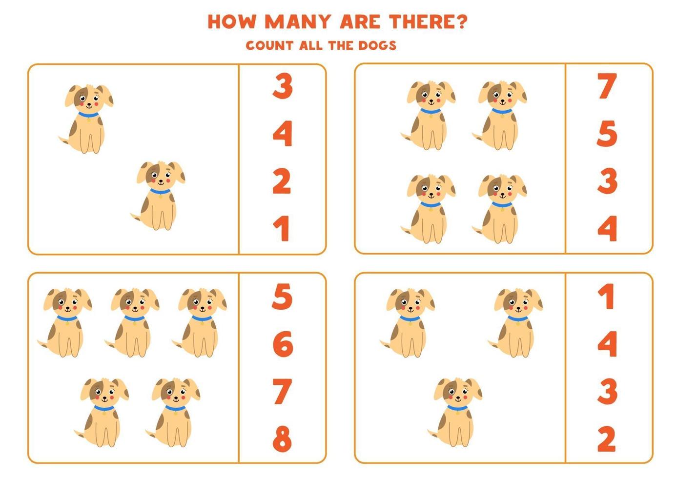 conteggio del gioco di matematica con simpatici cani. vettore