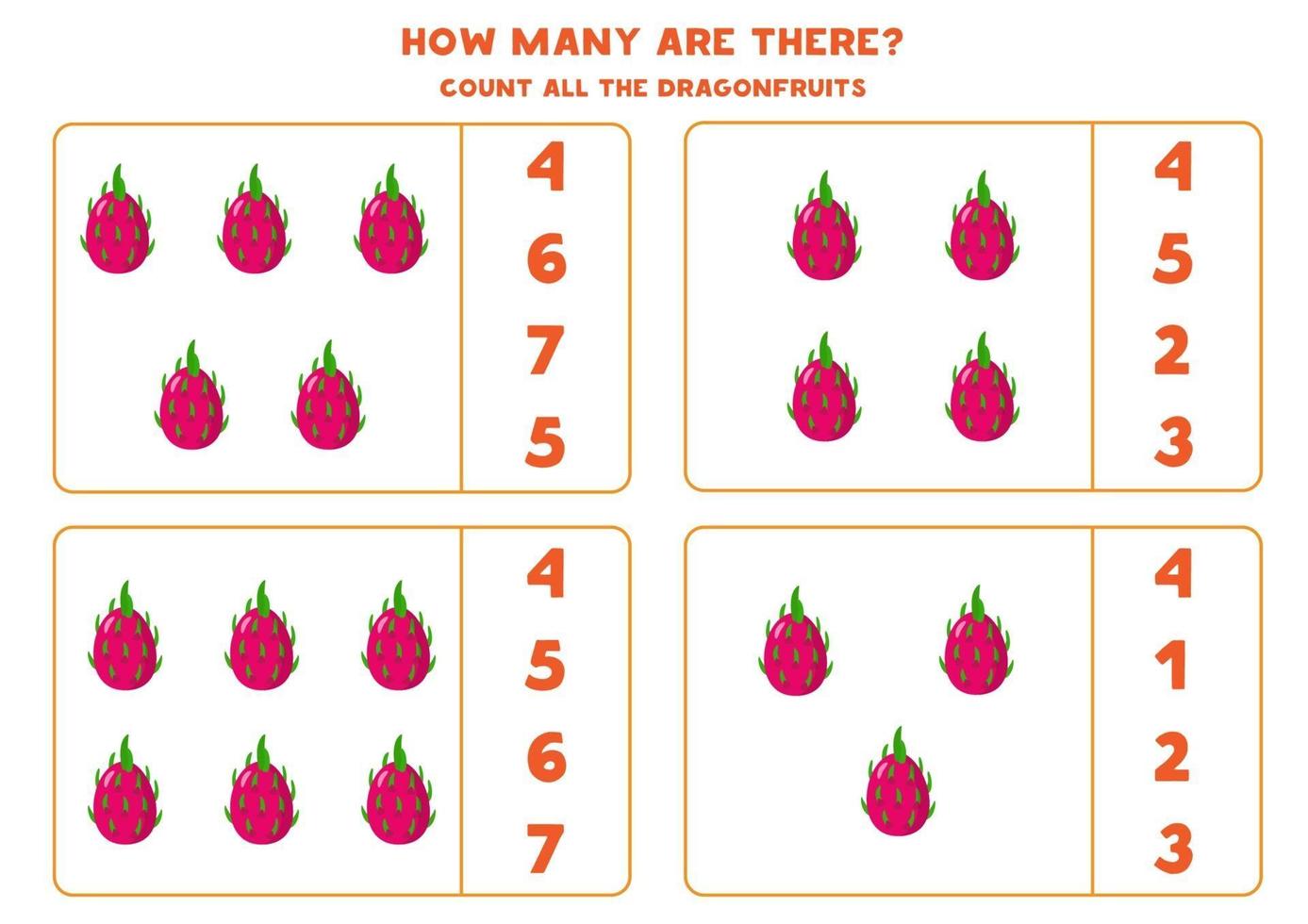 conteggio del gioco di matematica con frutti di drago simpatico cartone animato. vettore