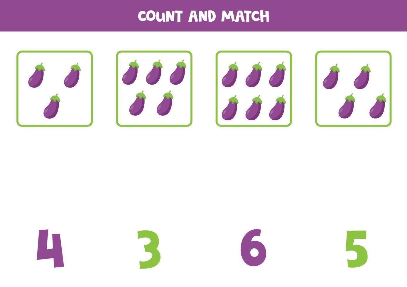 conteggio del gioco di matematica con melanzane simpatico cartone animato. vettore