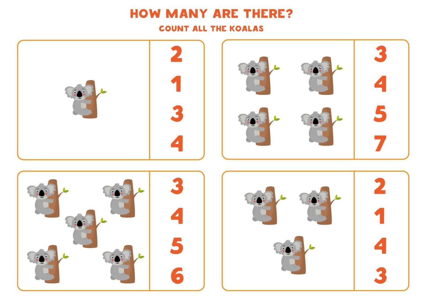 conteggio del gioco di matematica con koala simpatico cartone animato. vettore