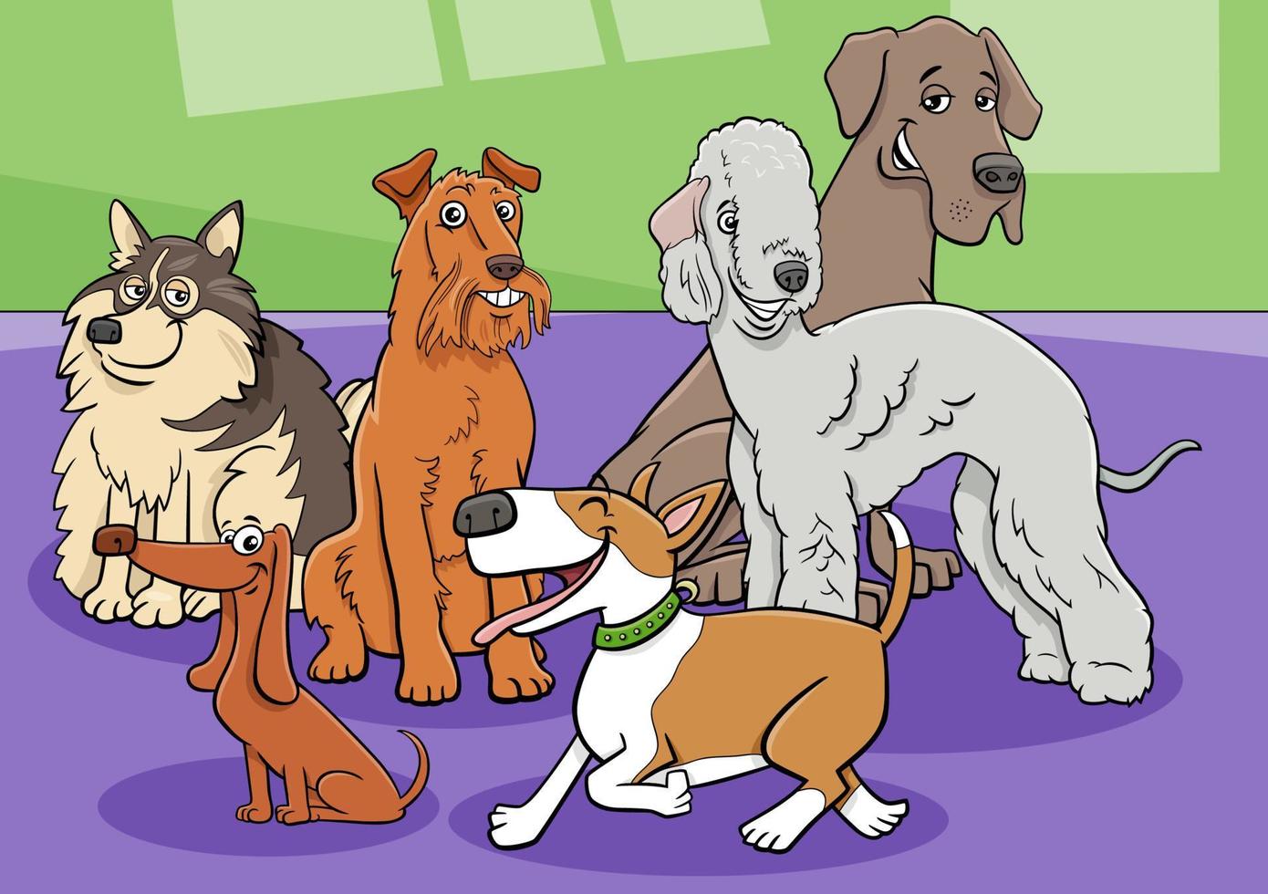 gruppo di personaggi dei cartoni animati di cani e cuccioli di razza pura vettore