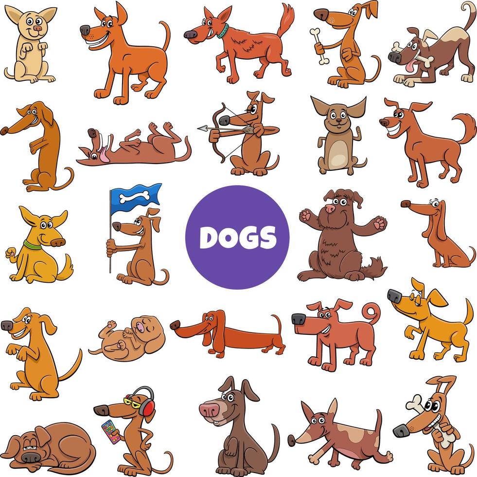 set di personaggi dei fumetti di cani e cuccioli dei cartoni animati vettore