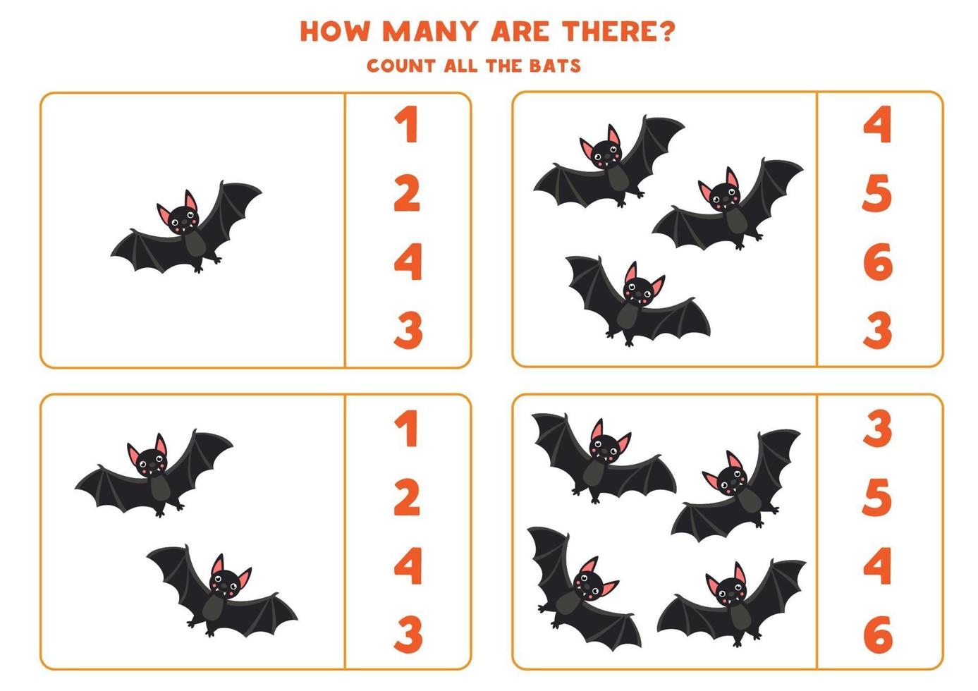 gioco di conteggio con pipistrelli neri. foglio di lavoro di matematica per bambini. vettore