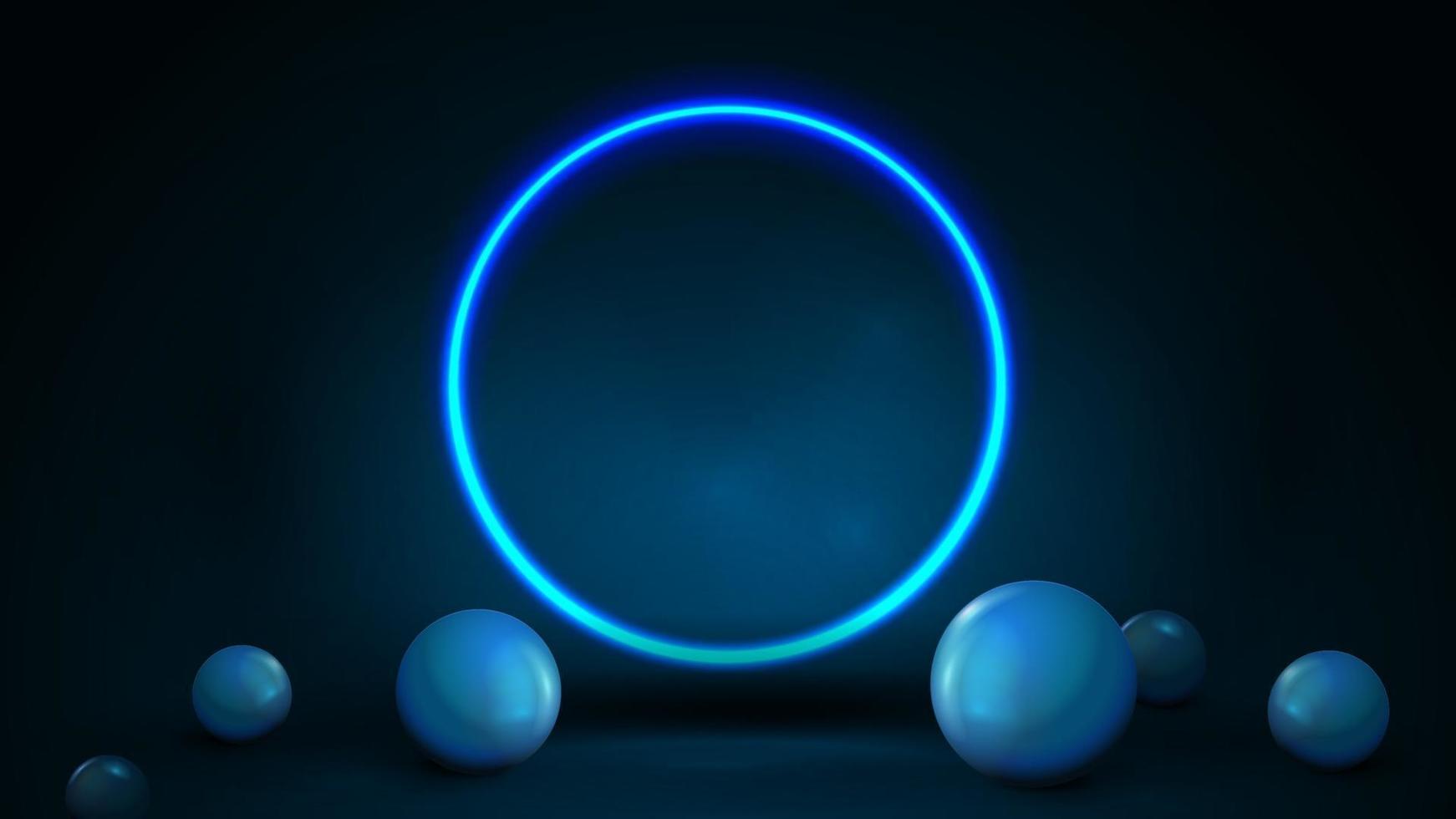 scena astratta scura e blu vuota con sfere sul pavimento e anello lucido blu al neon. Illustrazione rendering 3D con scena astratta blu con anello al neon vettore