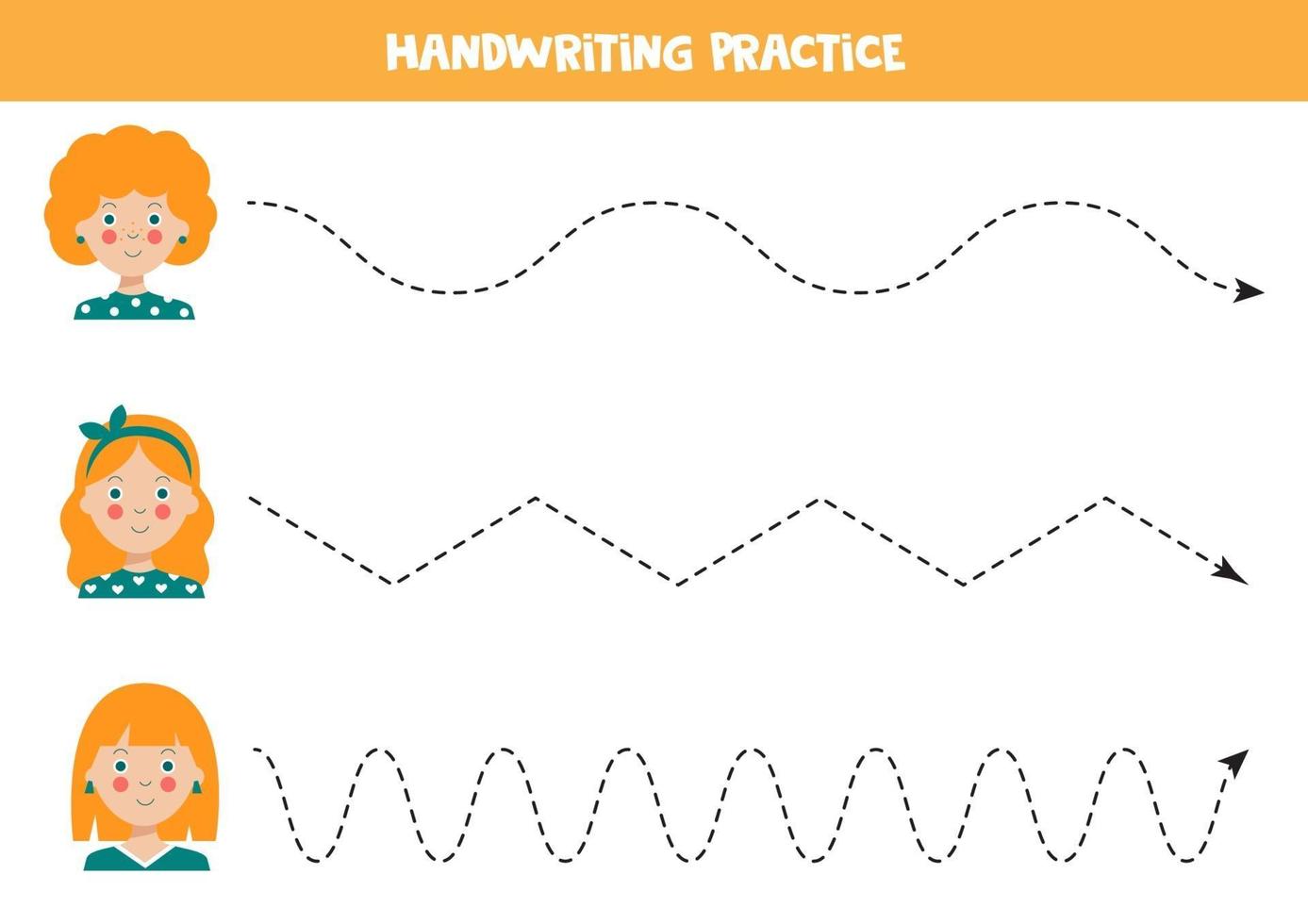 traccia le linee con ragazze carine. pratica di abilità di scrittura. vettore