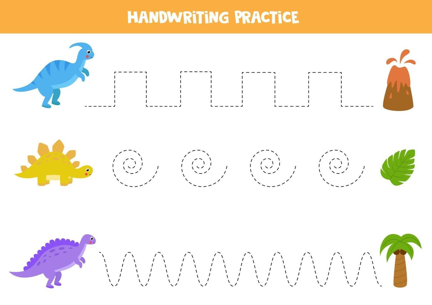 traccia le linee tra simpatici dinosauri e palme, foglie e vulcani. vettore