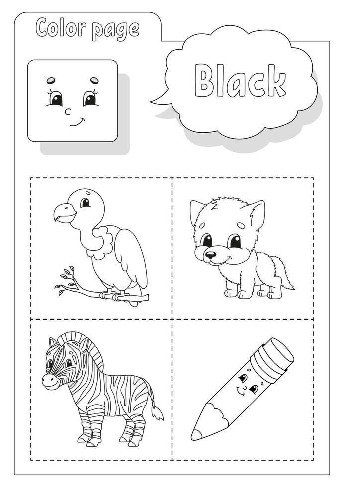 libro da colorare nero. imparare i colori. flashcard per bambini. personaggi dei cartoni animati. set di immagini per bambini in età prescolare. foglio di lavoro per l'istruzione. illustrazione vettoriale. vettore