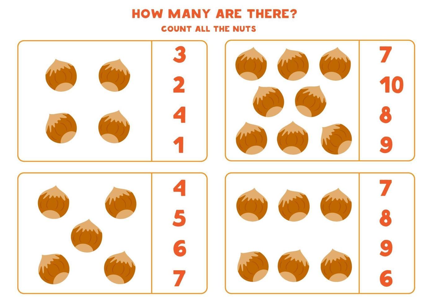 gioco di conteggio con nocciole dei cartoni animati. foglio di lavoro matematico educativo. vettore