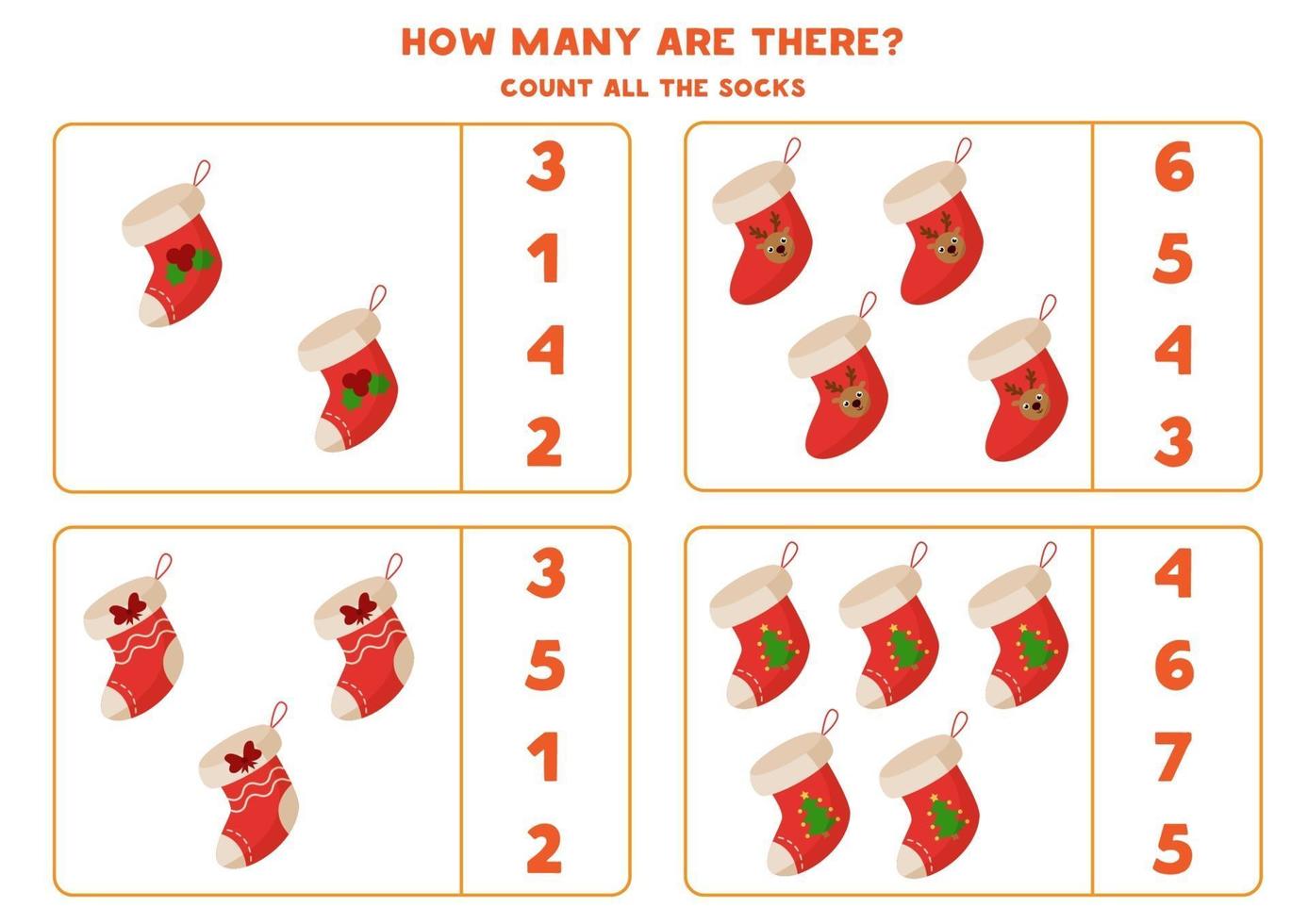 gioco di conteggio con calzini di Natale dei cartoni animati. gioco di matematica. vettore
