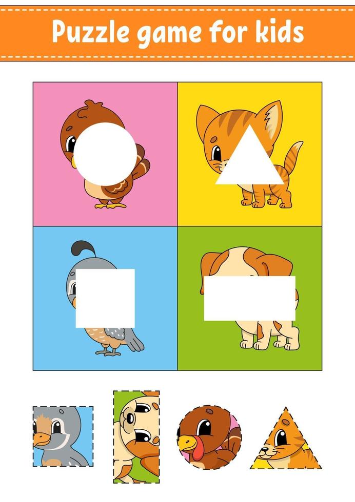 gioco di puzzle per bambini. taglia e incolla. pratica di taglio. forme di apprendimento. foglio di lavoro per l'istruzione. cerchio, quadrato, rettangolo, triangolo. pagina delle attività. personaggio dei cartoni animati. vettore