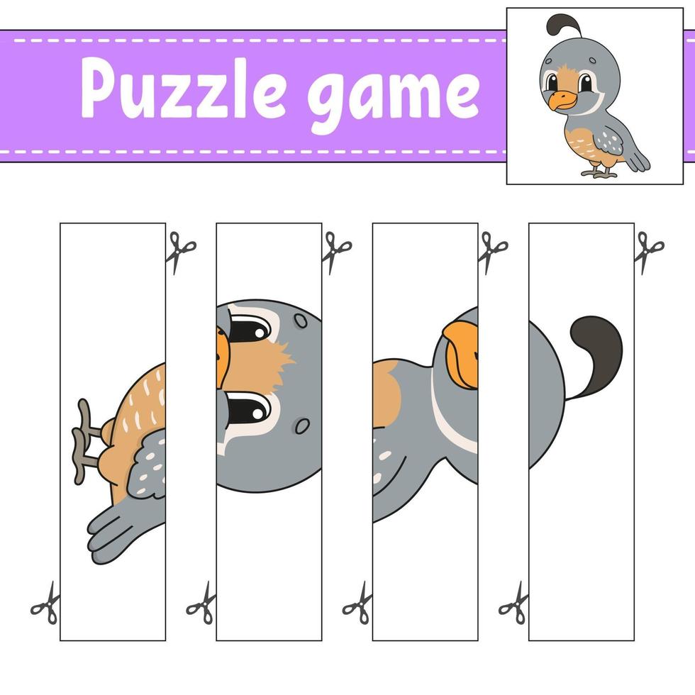 gioco di puzzle per bambini con quaglia. pratica di taglio. foglio di lavoro per lo sviluppo dell'istruzione. pagina delle attività. personaggio dei cartoni animati. vettore