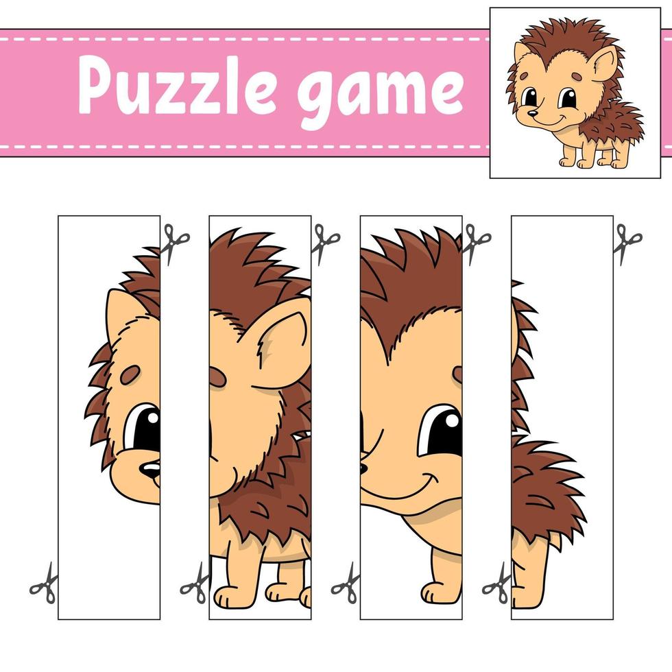 gioco di puzzle per bambini con riccio. pratica di taglio. foglio di lavoro per lo sviluppo dell'istruzione. pagina delle attività. personaggio dei cartoni animati. vettore