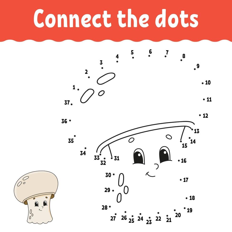 punto per punto gioco con i funghi. disegna una linea. per bambini. foglio di lavoro delle attività. libro da colorare. con risposta. personaggio dei cartoni animati. illustrazione vettoriale. vettore