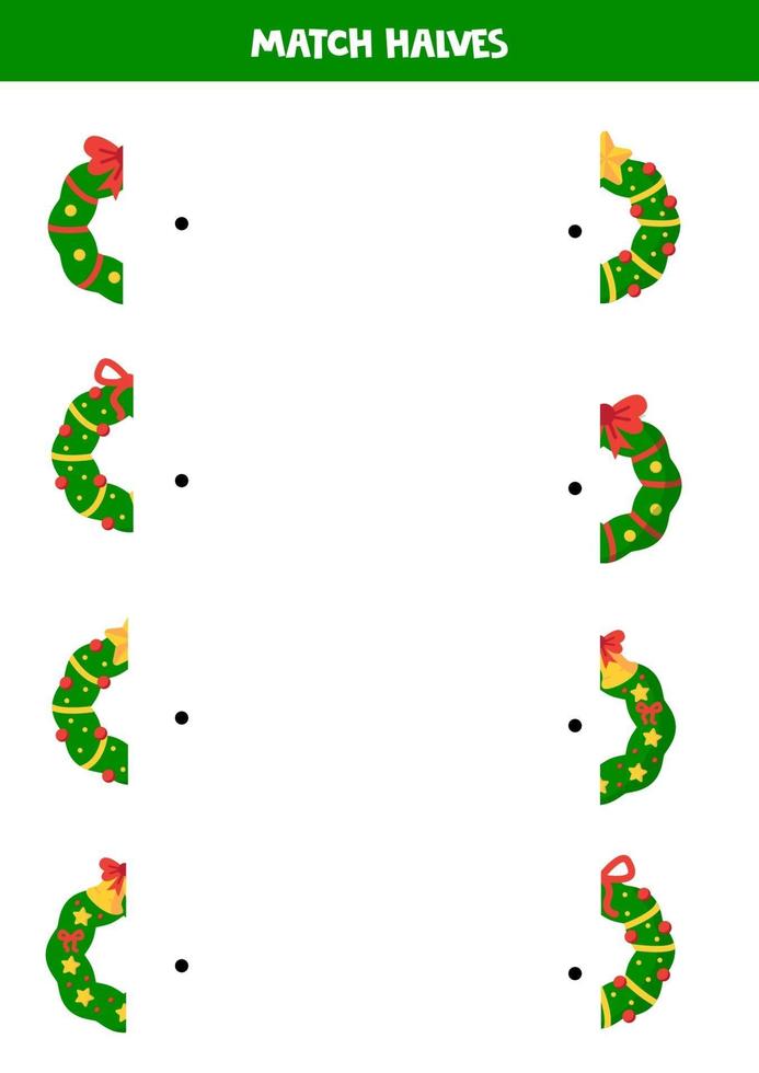 trova la metà di ogni ghirlanda di Natale. foglio di lavoro logico. vettore