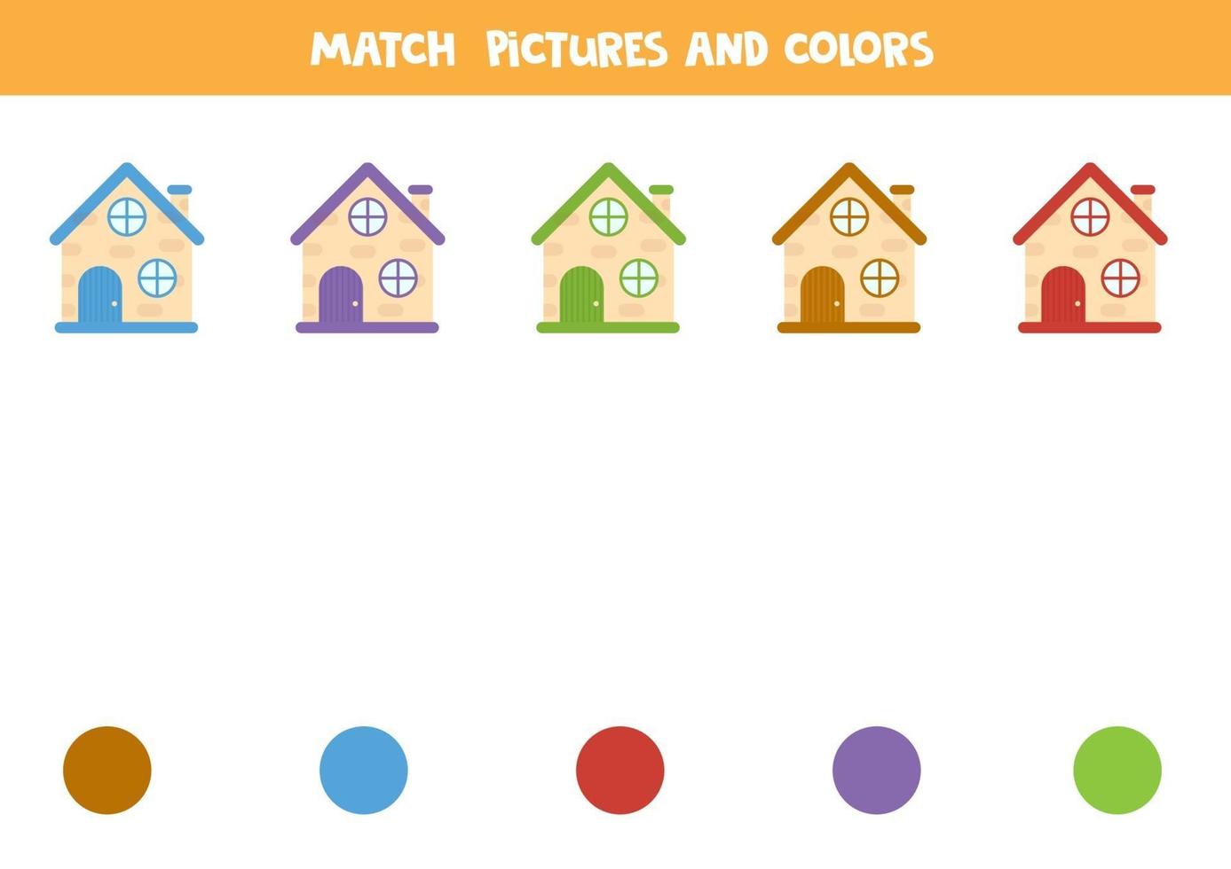 gioco di abbinamento dei colori con le case dei cartoni animati. foglio di lavoro per bambini. vettore