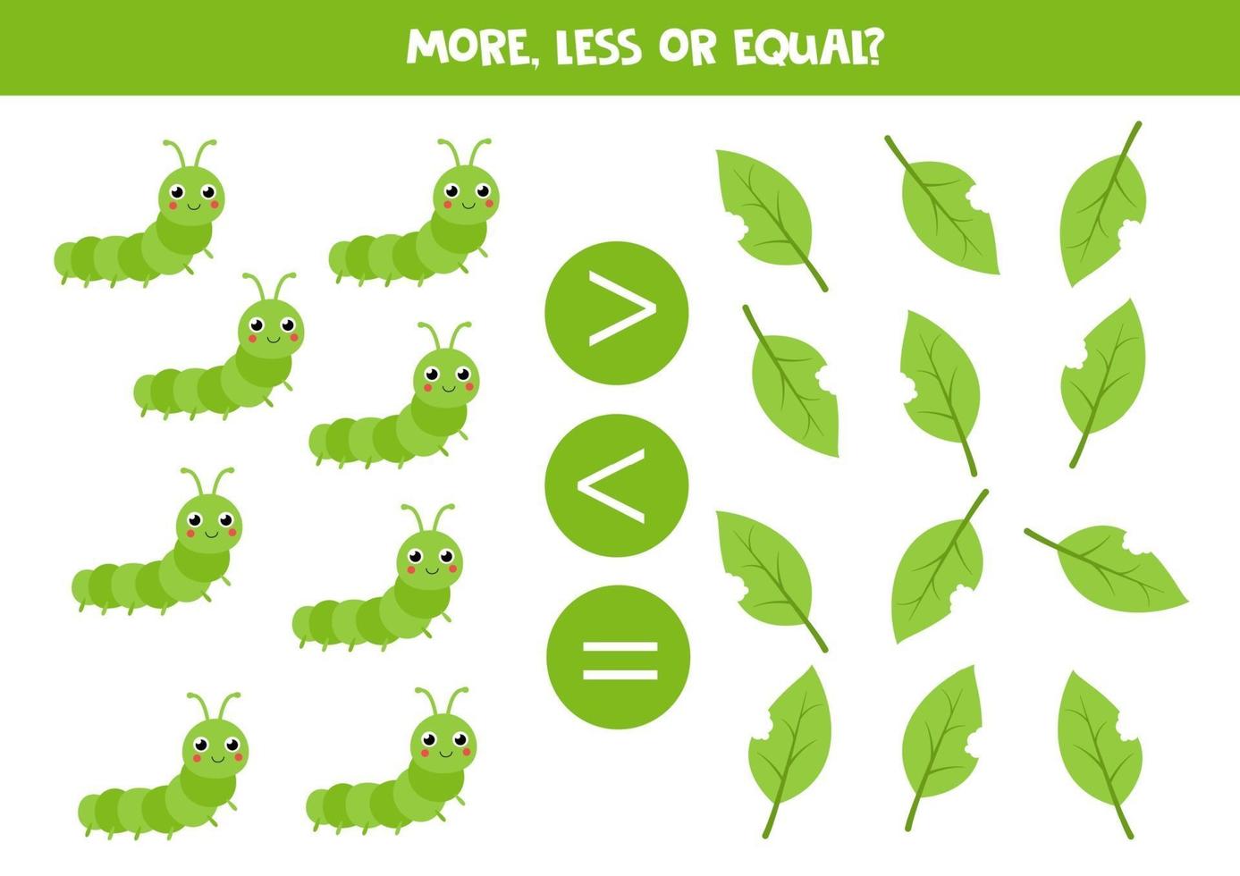 più, meno, uguale al bruco insetto verde. gioco di matematica per bambini. vettore