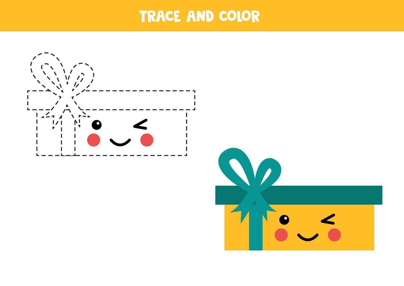 confezione regalo kawaii traccia e colora. pratica di abilità di scrittura. vettore