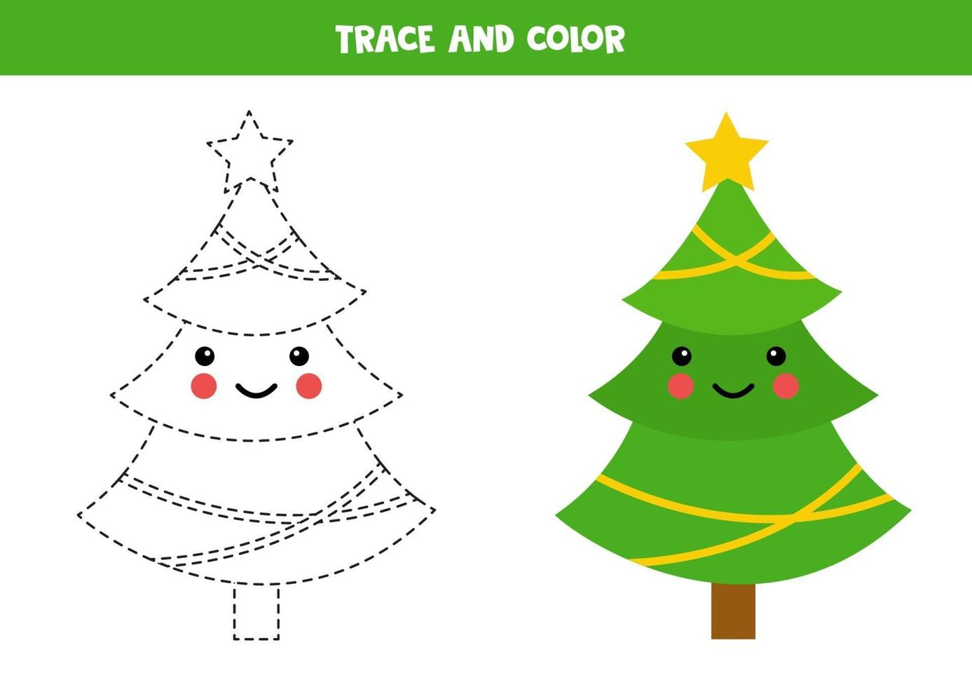 traccia e colora un simpatico albero di natale kawaii. vettore