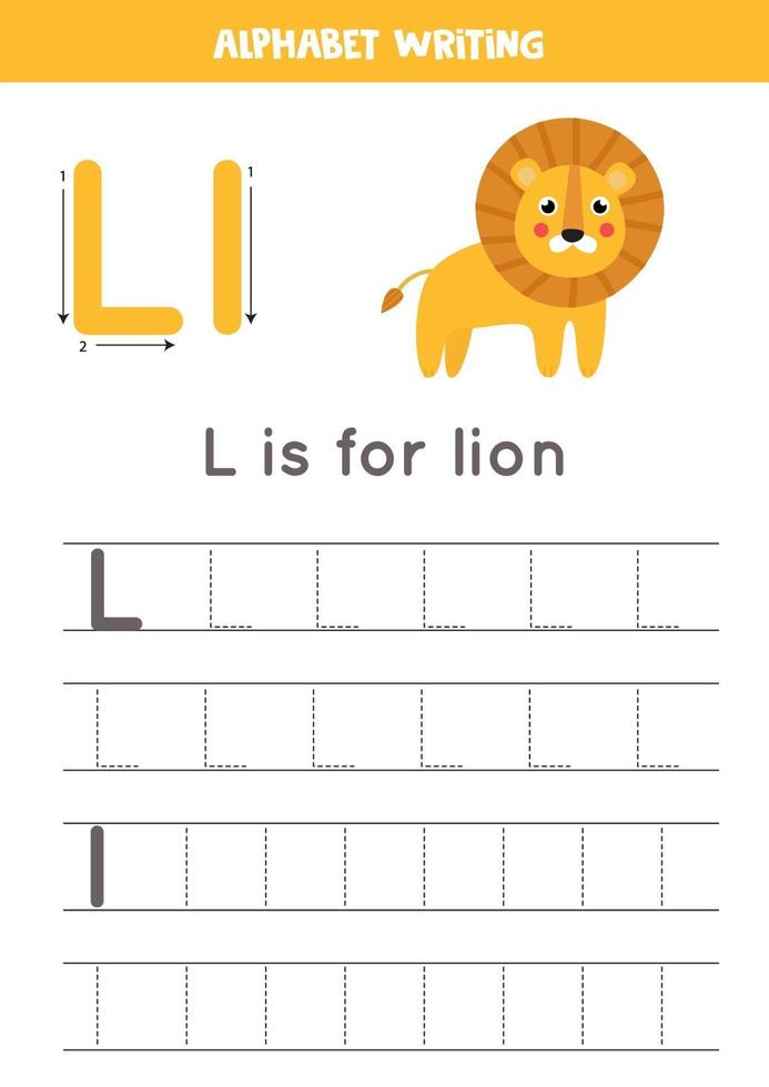tracciando la lettera l dell'alfabeto con il leone sveglio del fumetto. vettore
