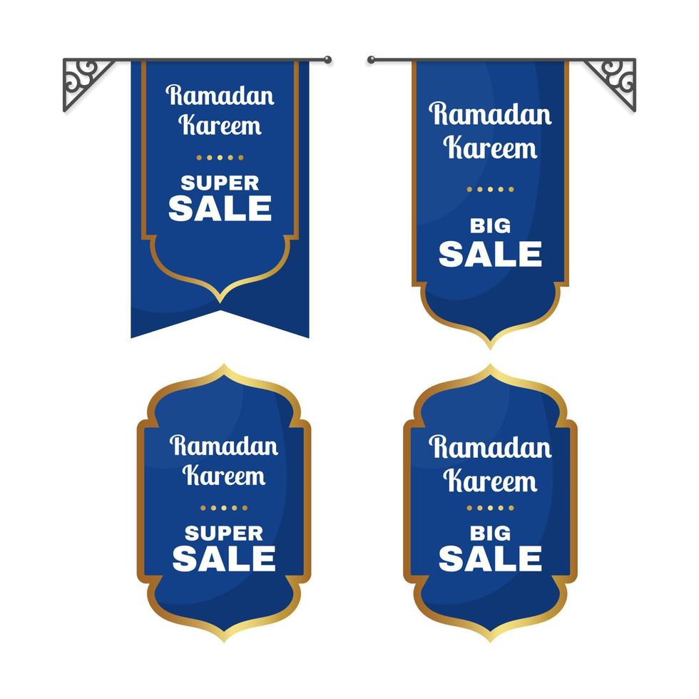 Ramadan kareem e eid mubarak super vendita etichetta su blu e oro forma. - vettore. vettore