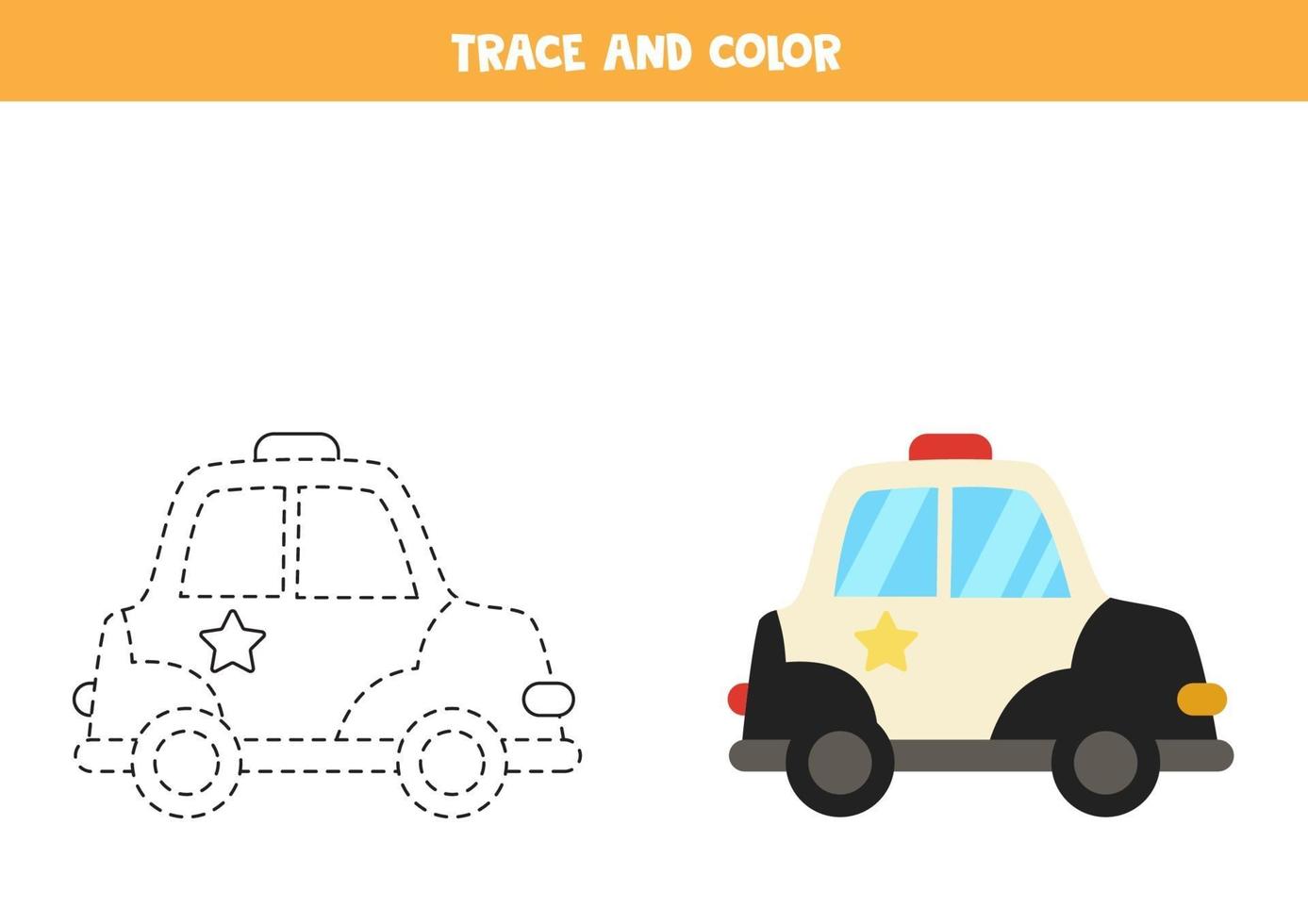 traccia e colora la macchina della polizia dei cartoni animati. foglio di lavoro per bambini. vettore
