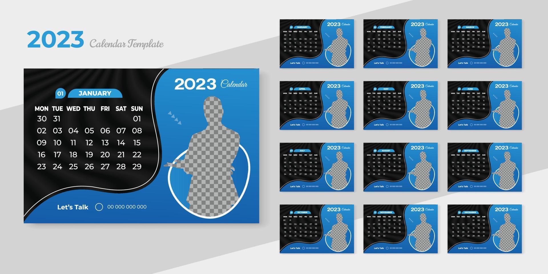 2023 calendario modello. aziendale e attività commerciale progettista diario. il settimana inizia su lunedì. impostato di 12 mesi pagine design disposizione vettore