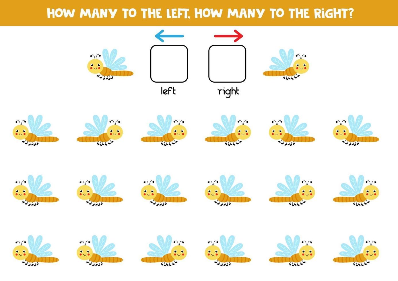 a sinistra oa destra con simpatica libellula. foglio di lavoro logico per bambini in età prescolare. vettore