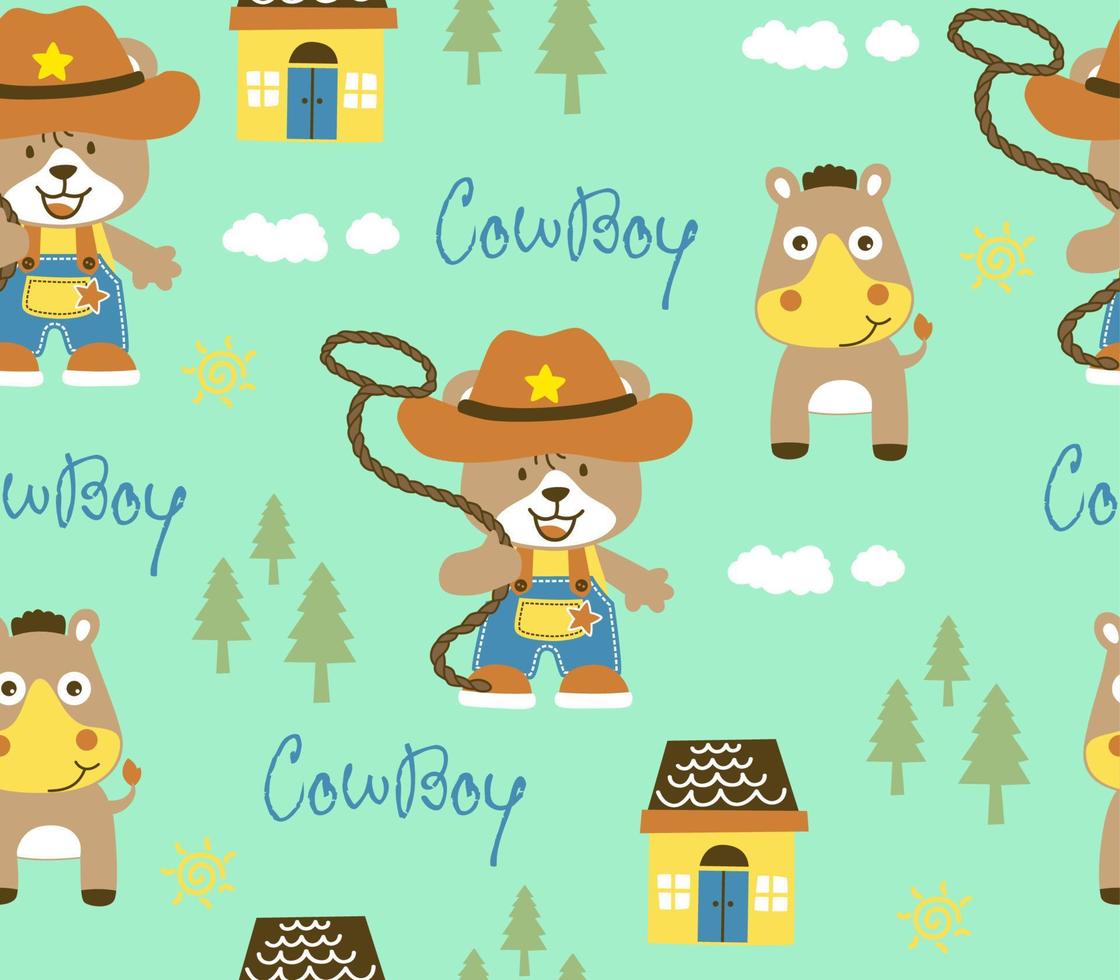 senza soluzione di continuità modello vettore di cartone animato orso cowboy con cavallo e casa, alberi
