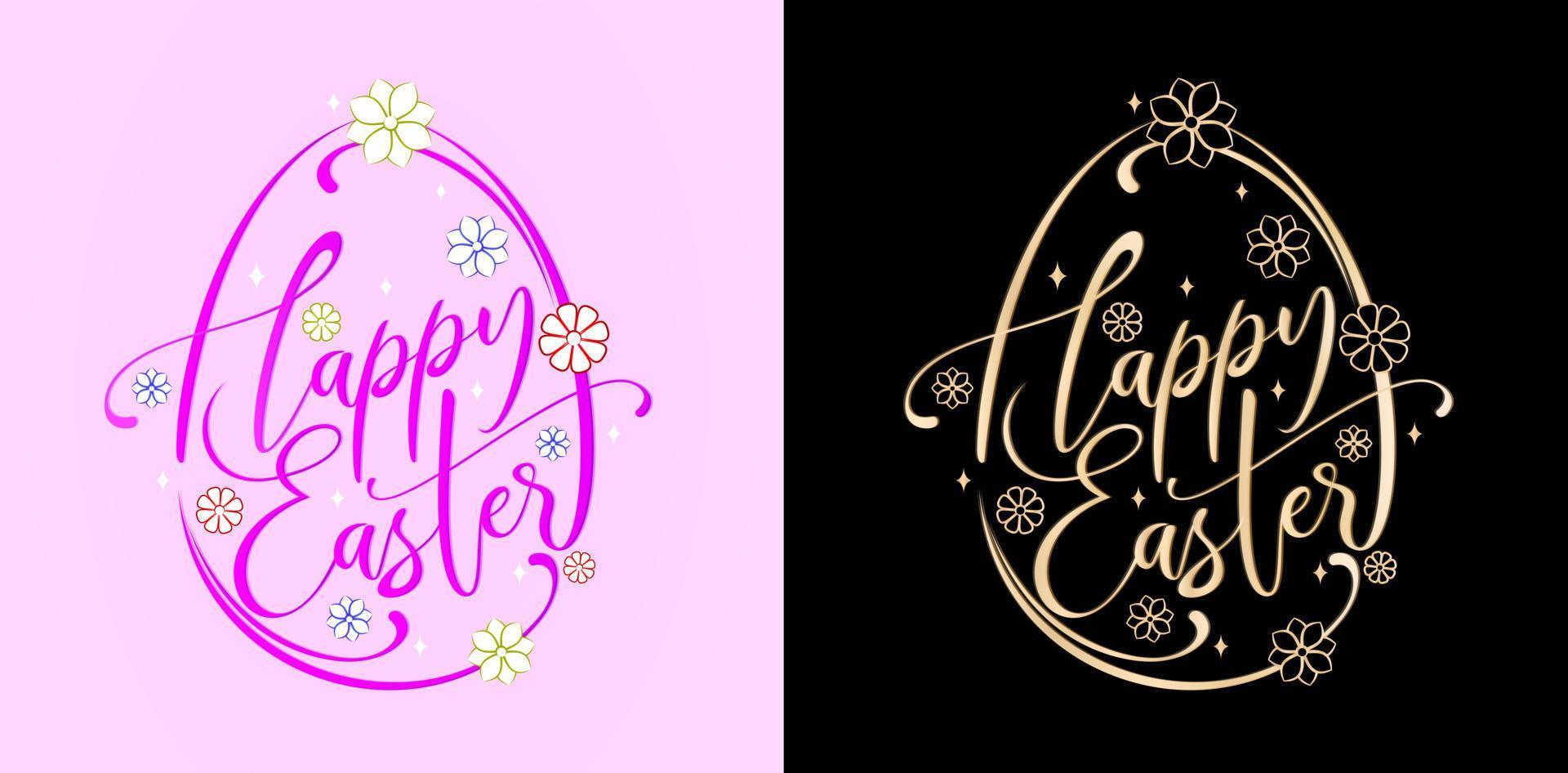 contento Pasqua lettering font con Due variazione colori viola e ori isolato sfondi, Pasqua uovo illustrazione con floreale e turbinii modello, per saluto carte, invito e banner vettore