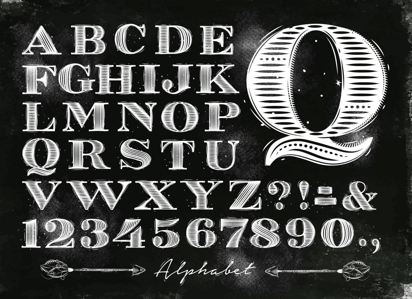 Vintage ▾ font impostato lettere nel retrò stile disegno con gesso su lavagna sfondo vettore