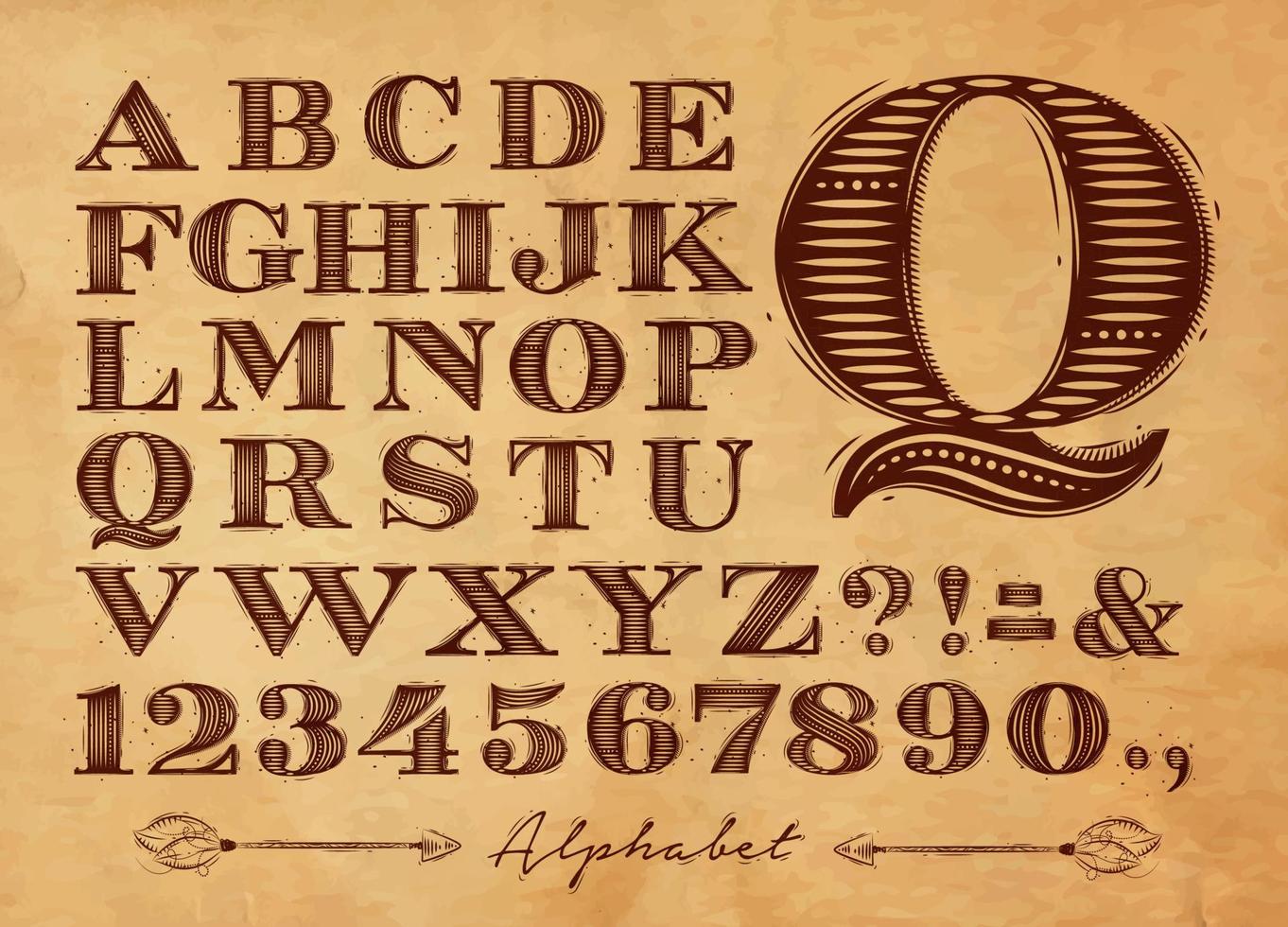 Vintage ▾ font impostato lettere nel retrò stile disegno su kraft sfondo vettore
