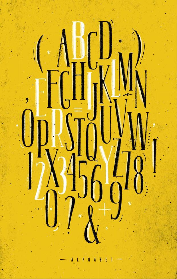 alfabeto impostato Gotico font nel Vintage ▾ stile disegno con nero e bianca Linee su sporco giallo sfondo vettore