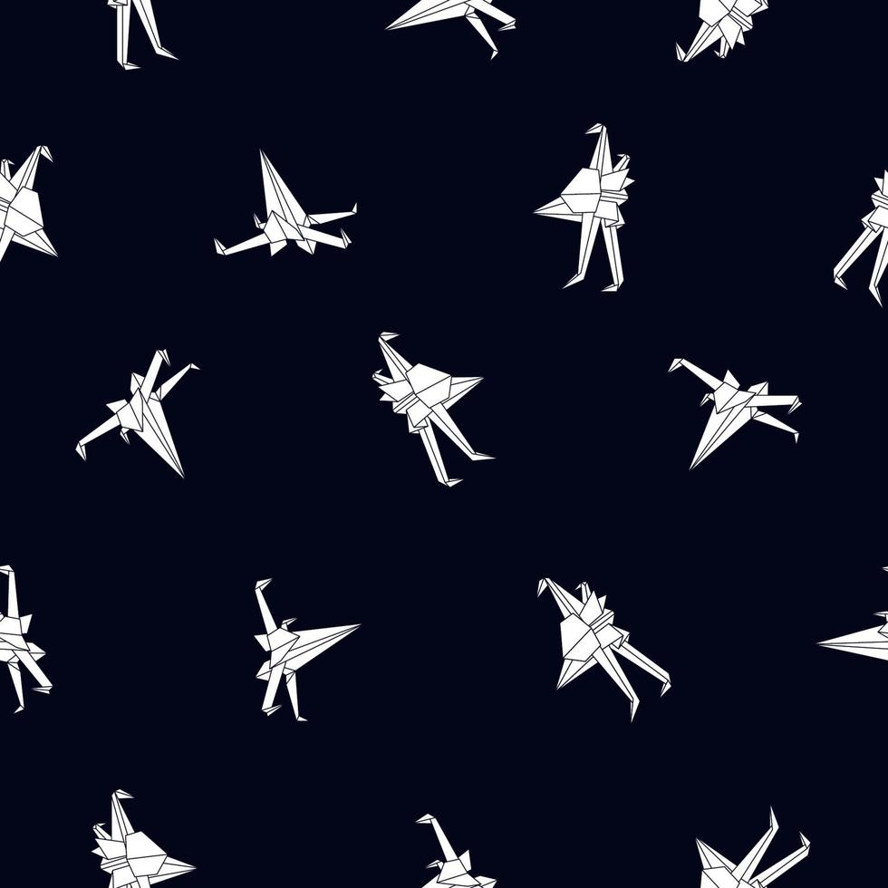 Seamless pattern di combattenti spaziali su sfondo nero. ornamento di astronave di carta origami. arredamento poligonale per tessuti, carta da parati e illustrazione vettoriale ecc