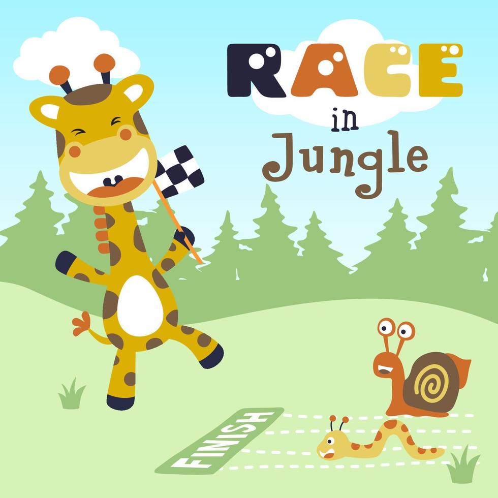 giraffa con bruco e lumaca nel un' divertente correre gara, vettore cartone animato illustrazione
