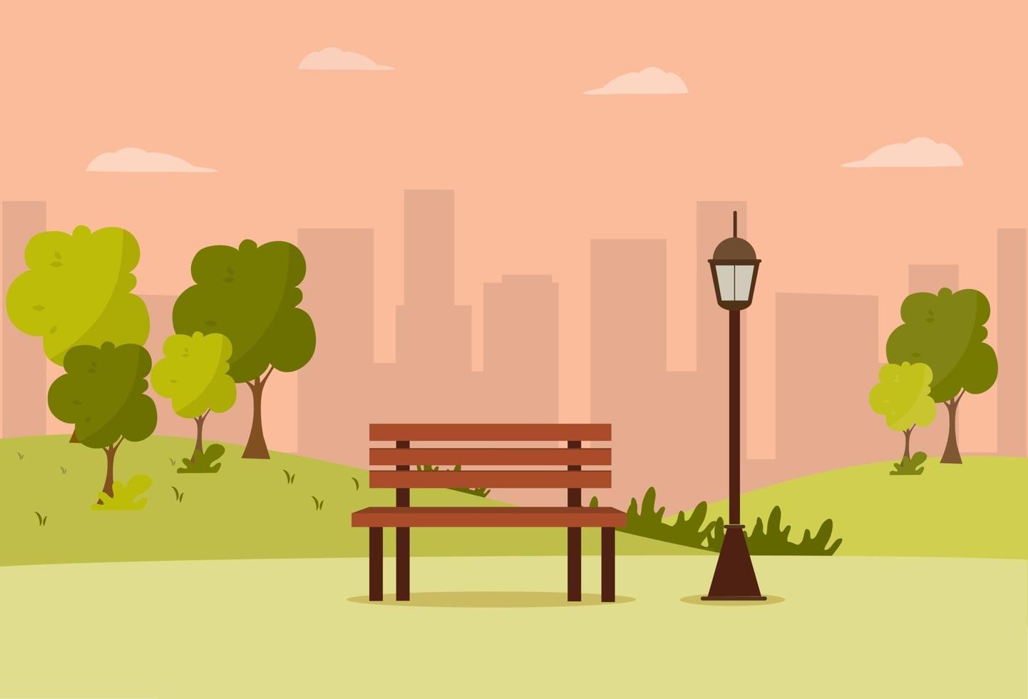panchina in legno del parco cittadino, prato e alberi, pattumiera. passerella e lampione. città e parco cittadino paesaggio nature.vector illustrazione vettore