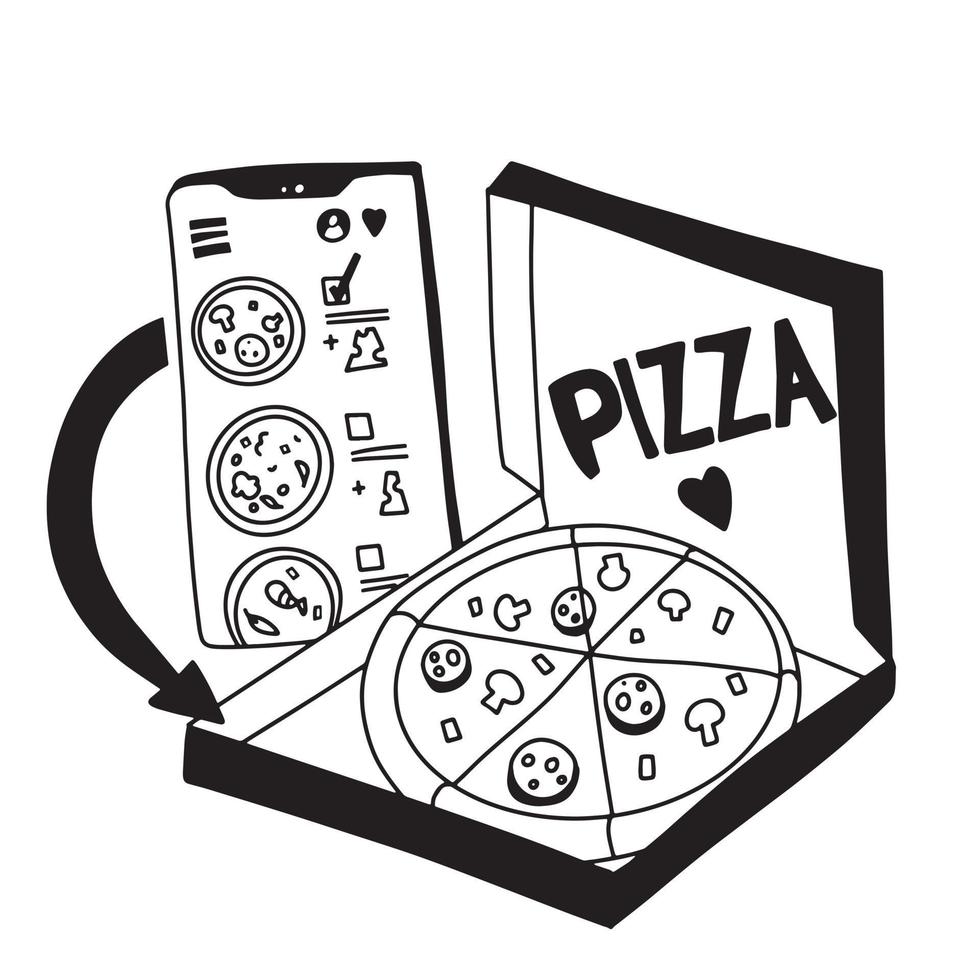 ordine online di pizza. concetto per lo shopping online. doodle in bianco e nero. vettore