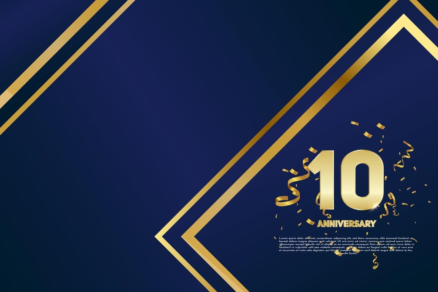 Celebrazione dell'anniversario di 10 anni. numero d'oro 10 con coriandoli scintillanti vettore