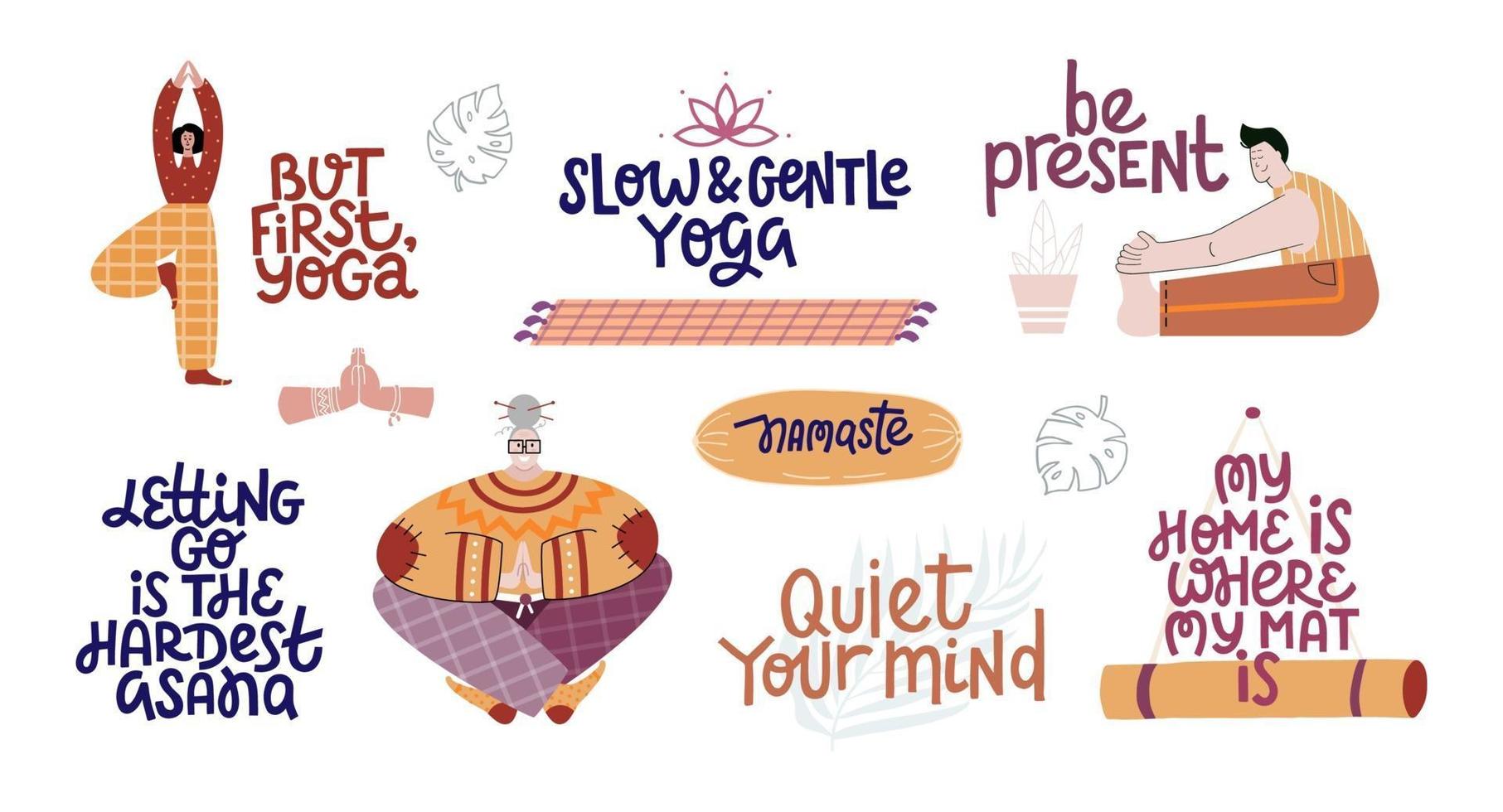 lettering yoga imposta illustrazione vettoriale piatta