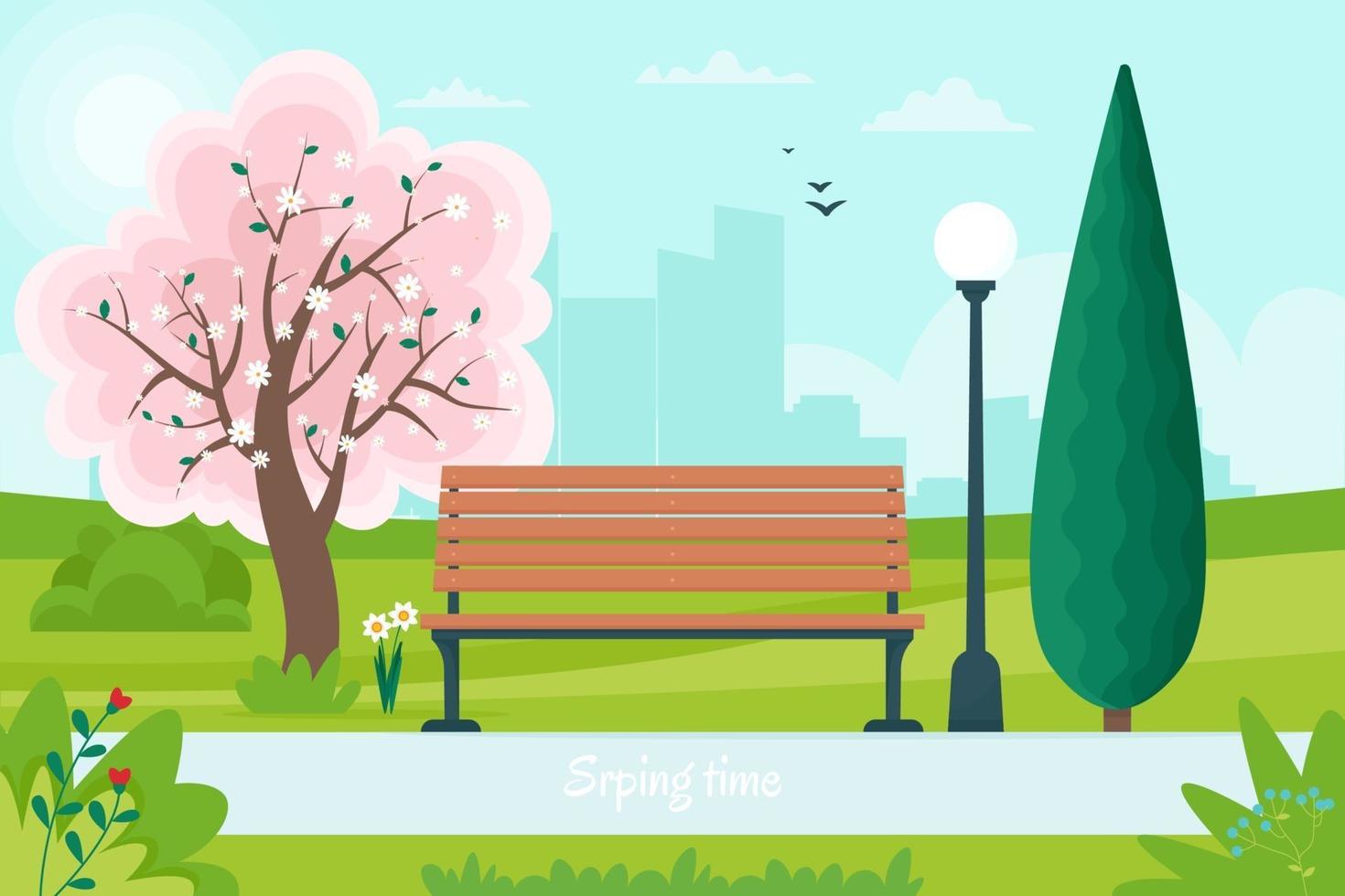 paesaggio primaverile con panchina nel parco e un albero in fiore. illustrazione vettoriale in stile piatto