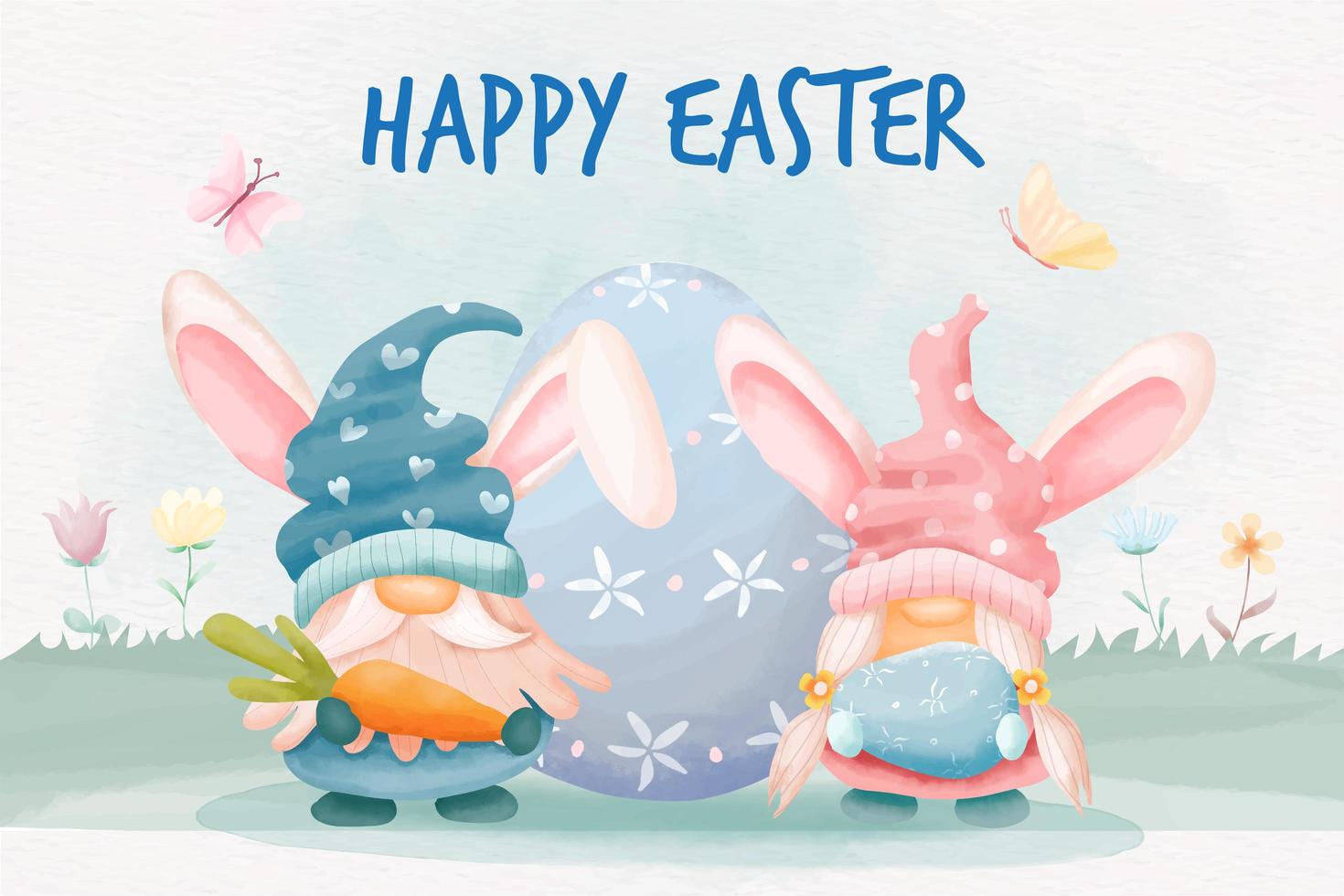 giorno di Pasqua dell'acquerello con coniglietto di gnomi e uova di Pasqua vettore