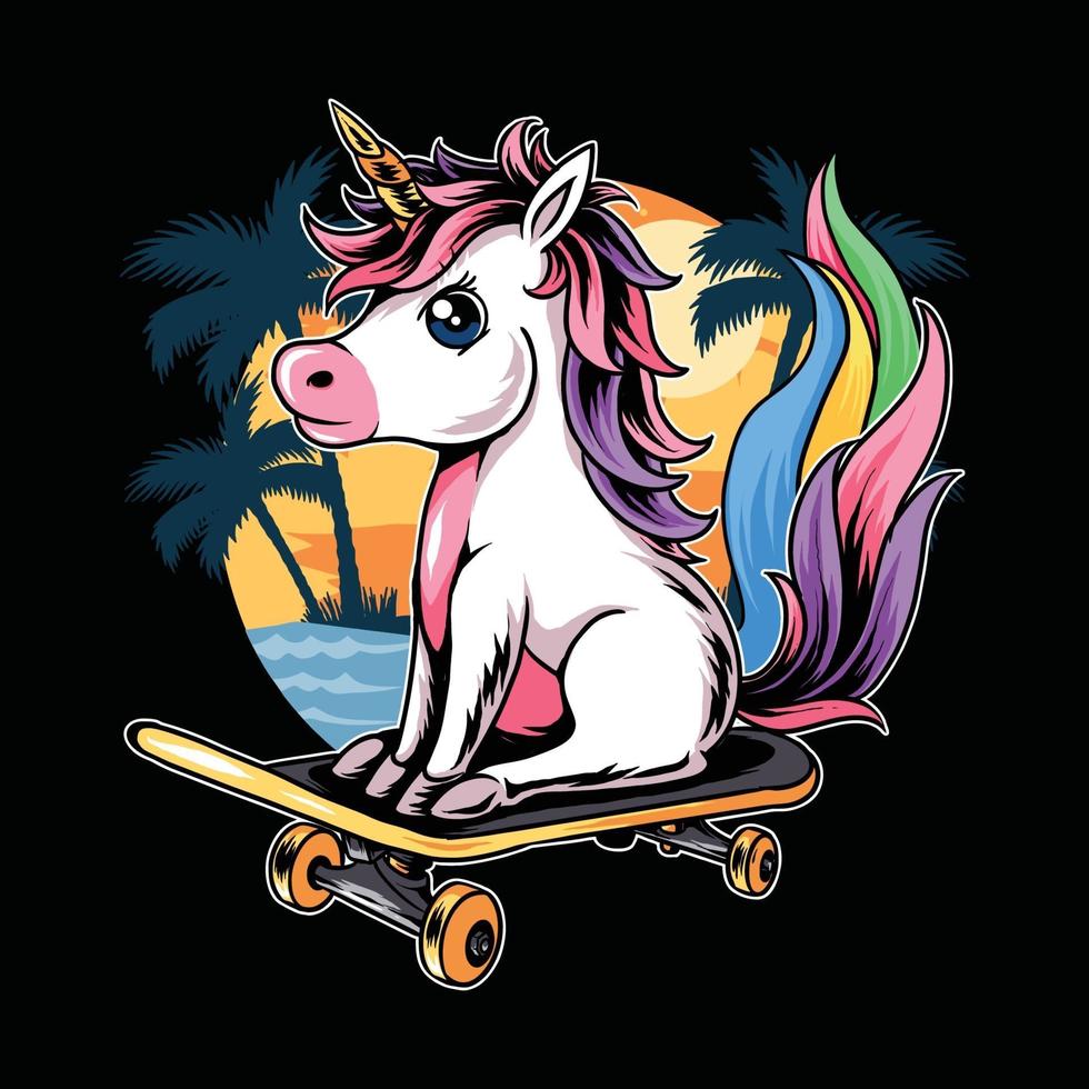unicorno seduto su skateboard sulla spiaggia durante l'estate vettore